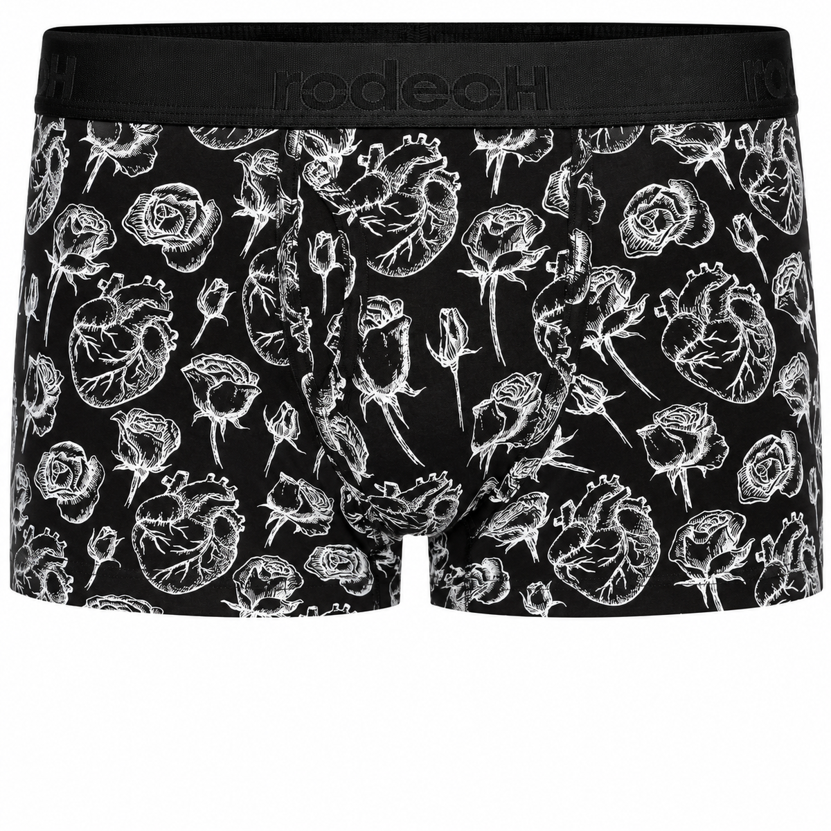 RodeoH Shift Short packer underwear in Hearts & Roses black print, from the front