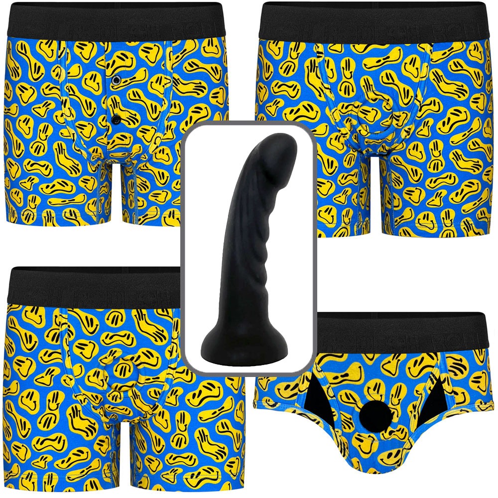 Create your own package deal with black tease dildo, showing all 4 harness options of boxer, brief, button fly boxer and rise boxer harness, with the Black tease in the center