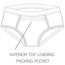 Line drawing of underwear with an interior top loading packing pocket.