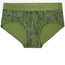 Rodeoh top loading brief underwear for packing from the front, laid flat in green with leaves print