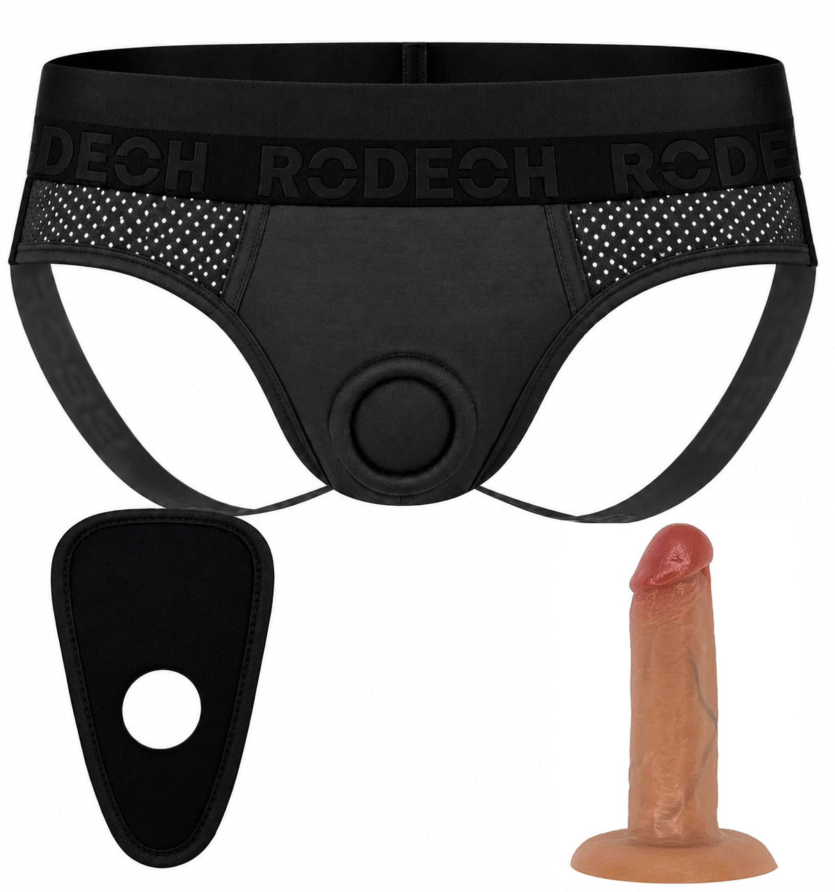 Jock Harness in black and gray with the 5.5 inch SoReal Posable dildo in Caramel