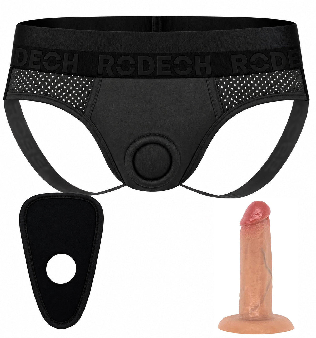 Jock Harness in black and gray with the 5.5 inch SoReal Posable dildo in Vanilla