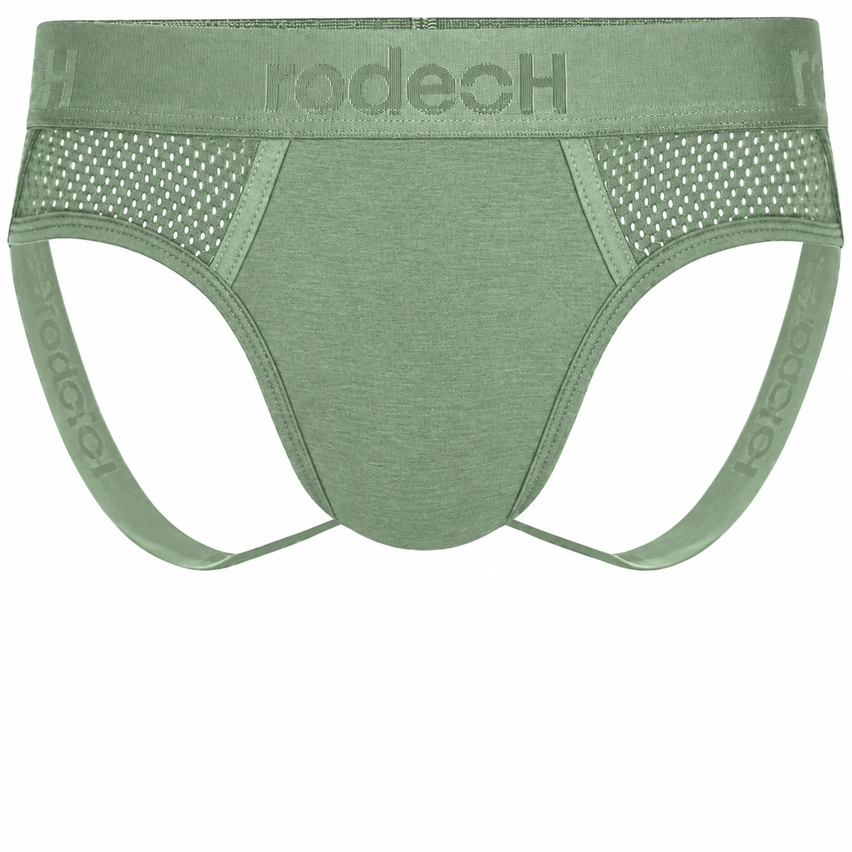 RodeoH Shift Jock packer underwear in sage green, from the front