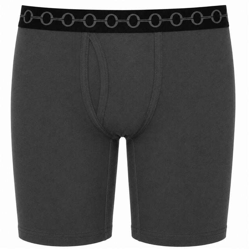 9" Dark gray unisex boxer briefs with a black waistband featuring a repeating gray interlocking rings logo.