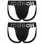 Two black jockstrap briefs with a wide elastic waistband featuring the brand name 'rodeoh' in silver lettering, displayed against a solid white background.