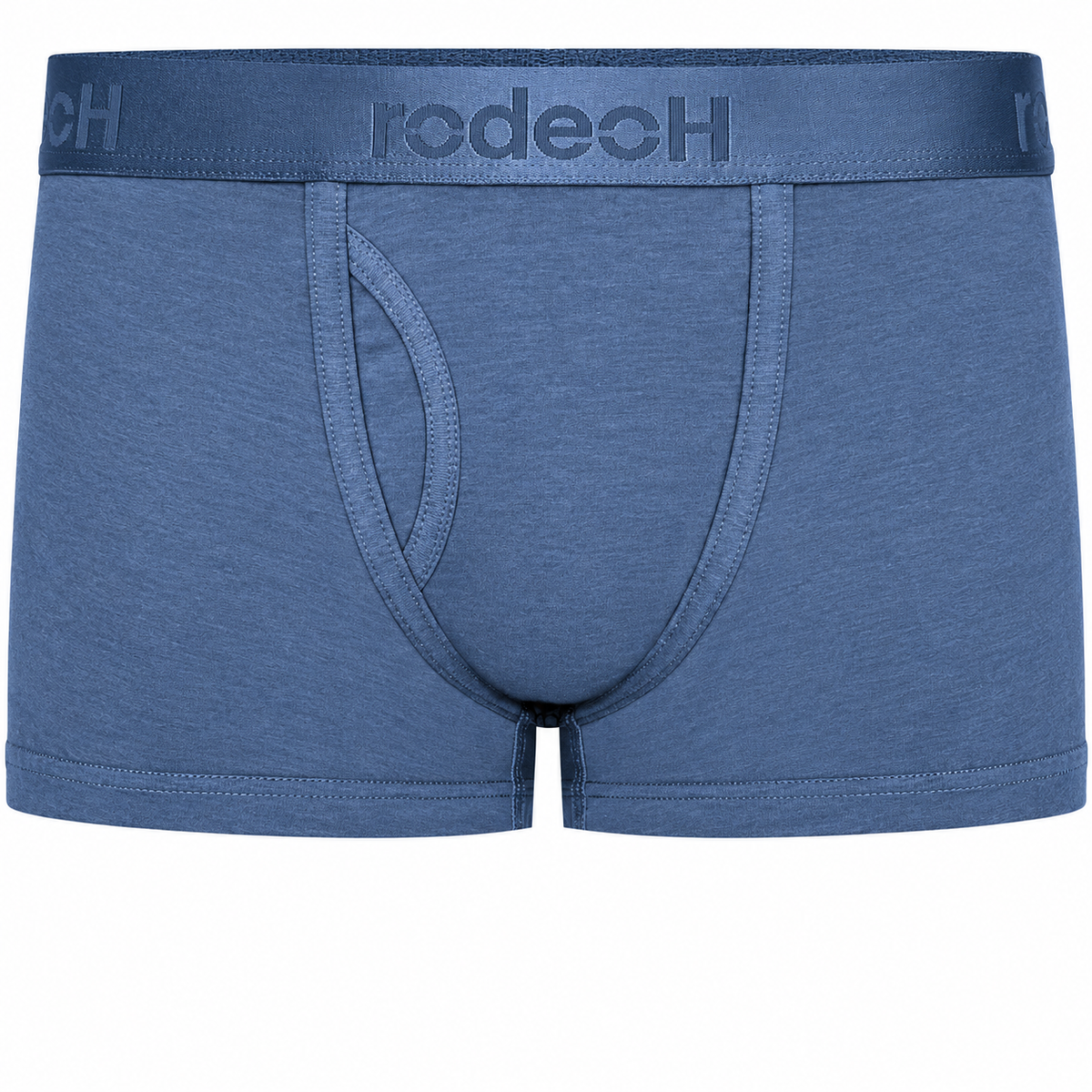 RodeoH Shift Short gender-neutral underwear in slate blue with satin logo waistband, from the front
