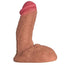 Caramel colored 5.5" semi erect pack and play dildo with balls, flat  on the balls with pink tip pointed up