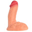 Vanilla colored semi erect 5.5" pacl and play dildo, with balls. Sitting flat on its balls and with pink tip pointed up