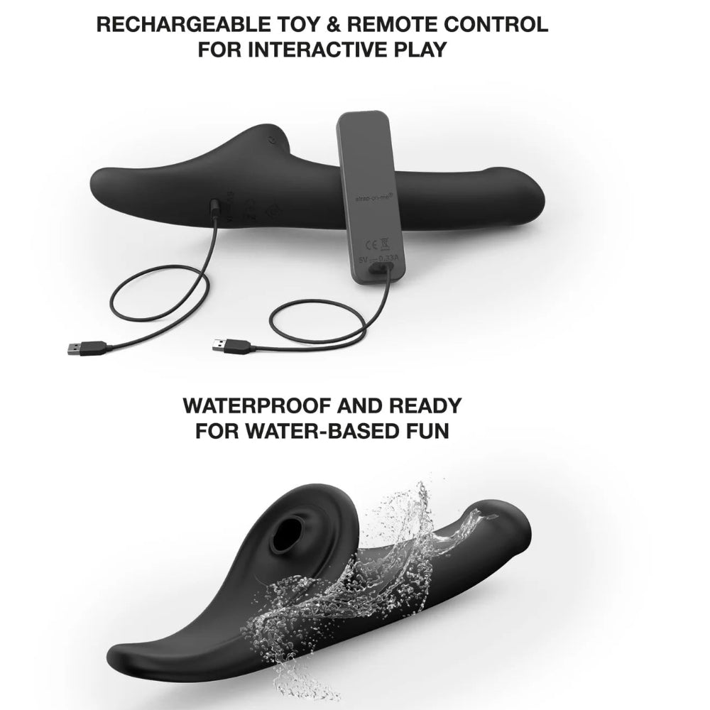 strap on me multi orgasm triple stimulating strap on dildo in black from the side and back with charger attached