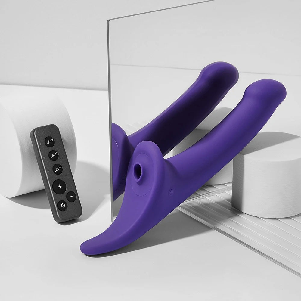 Vibrating Triple Stimulating Multi Orgasm Air Pulse Strap On Dildo - Purple