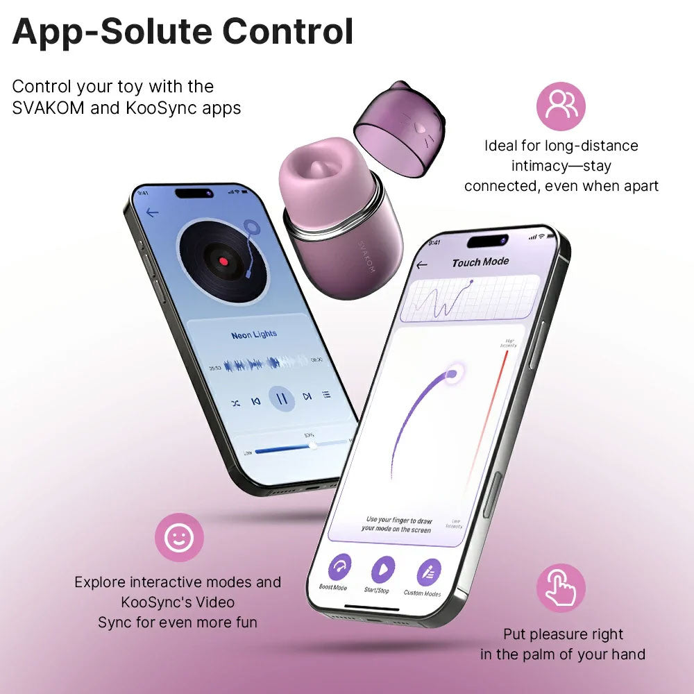 Svakom Klitty Sucking licking purple silicone clitoral stimulator,  next two two cell phones displaying svakom app control capabilities