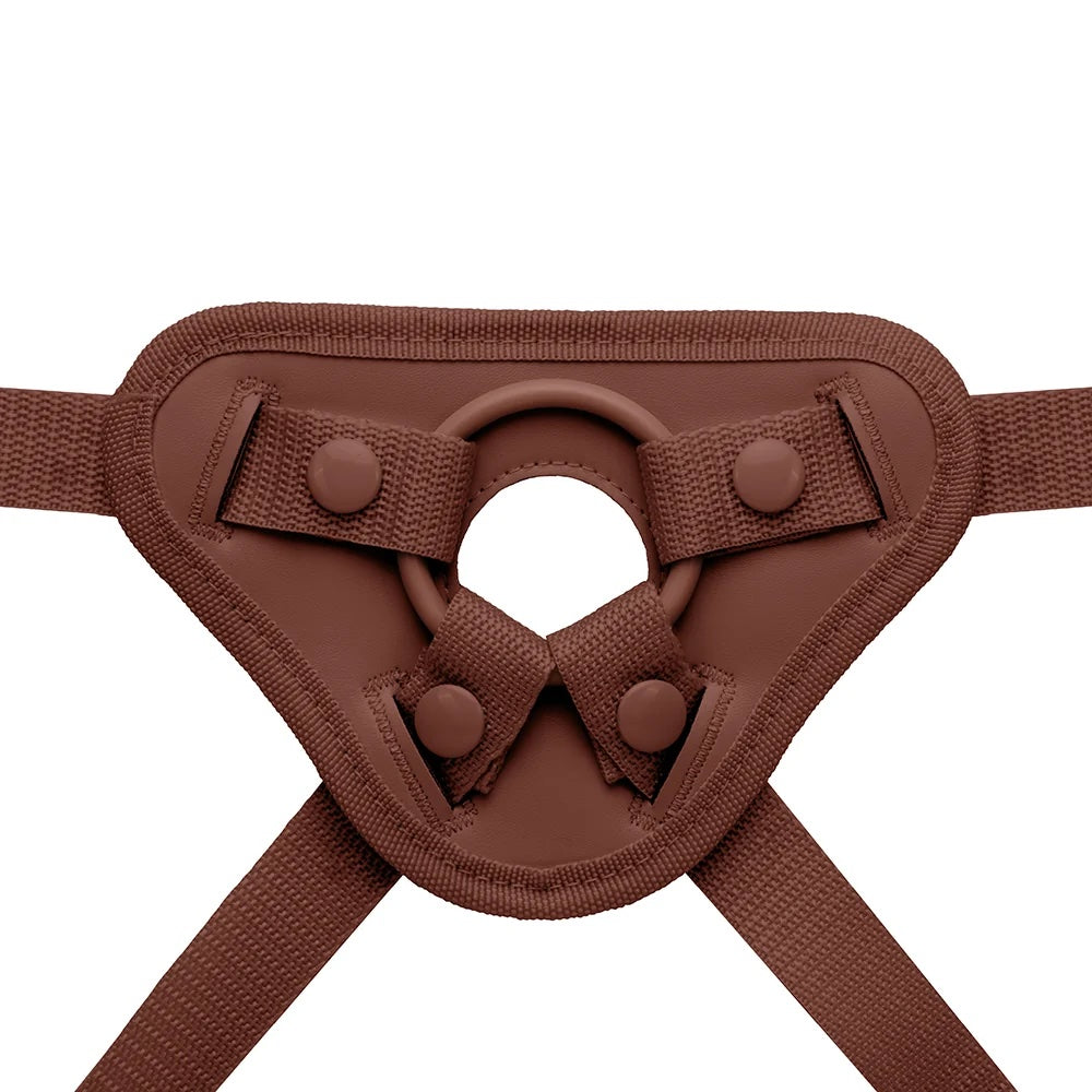 Together Toys NudeFit chocolate adjustable strap on harness, from the front, zoomed in on the harness plate