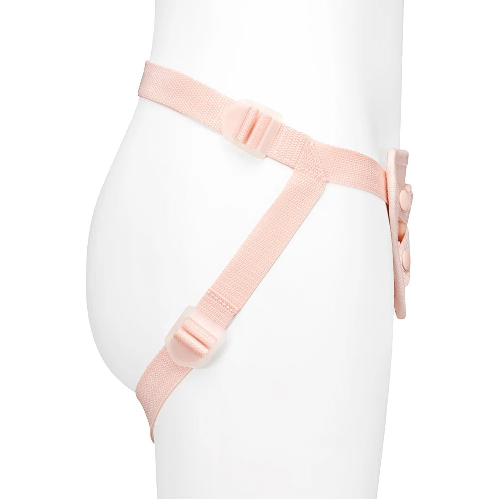 Together Toys Nudefit Adjustable Vanilla Strap on harness, on a mannequin, from the side