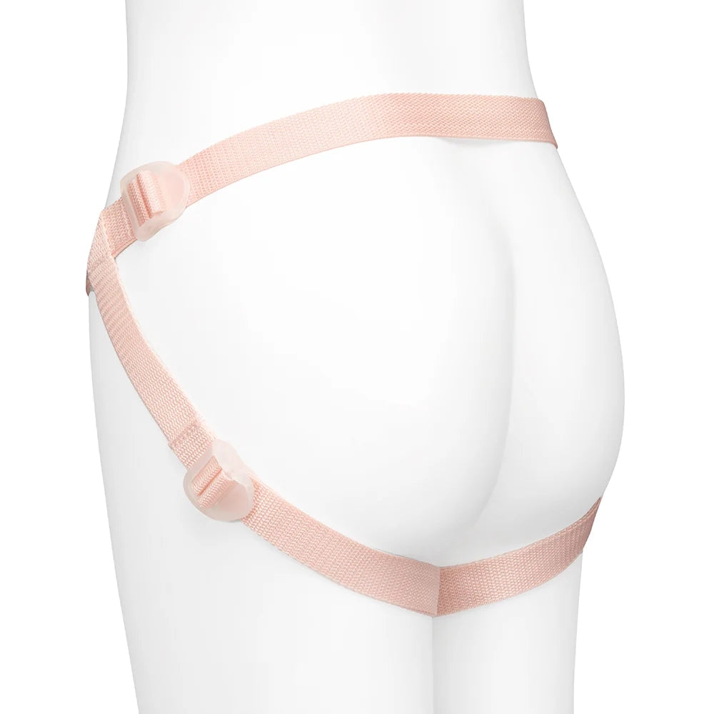 Together Toys Nudefit Adjustable Vanilla Strap on harness, on a mannequin, from the back and side