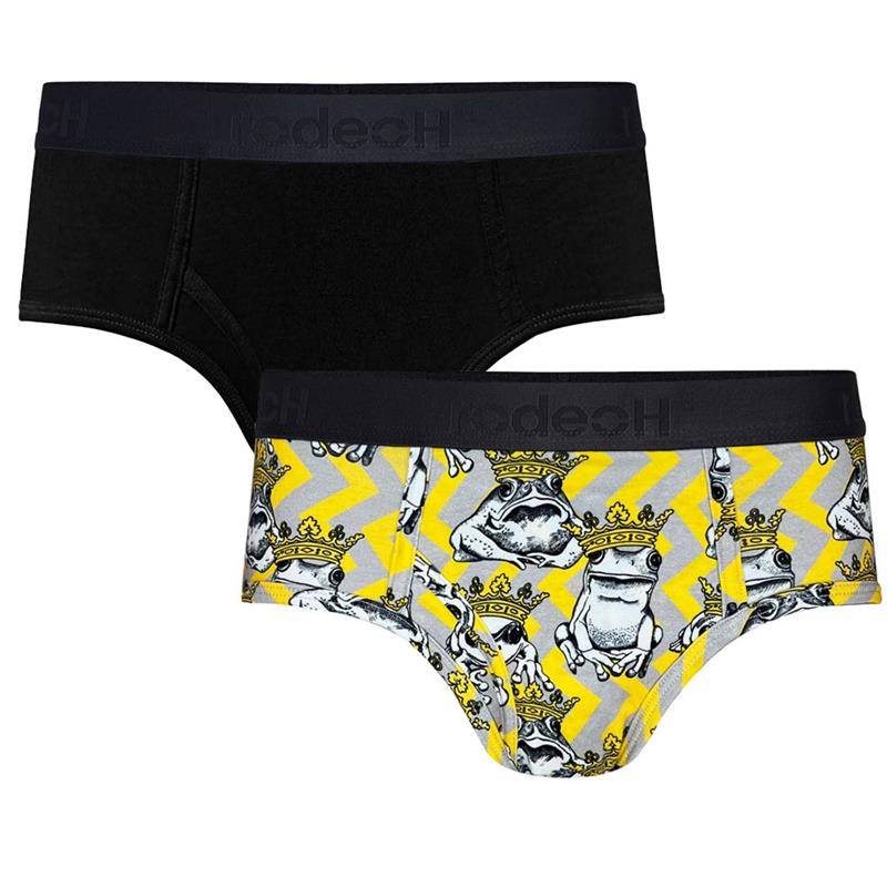 RodeoH Top loading packing brief 2 pack with solid black brief and gray and yellow frogs print brief, laid flat and from the front