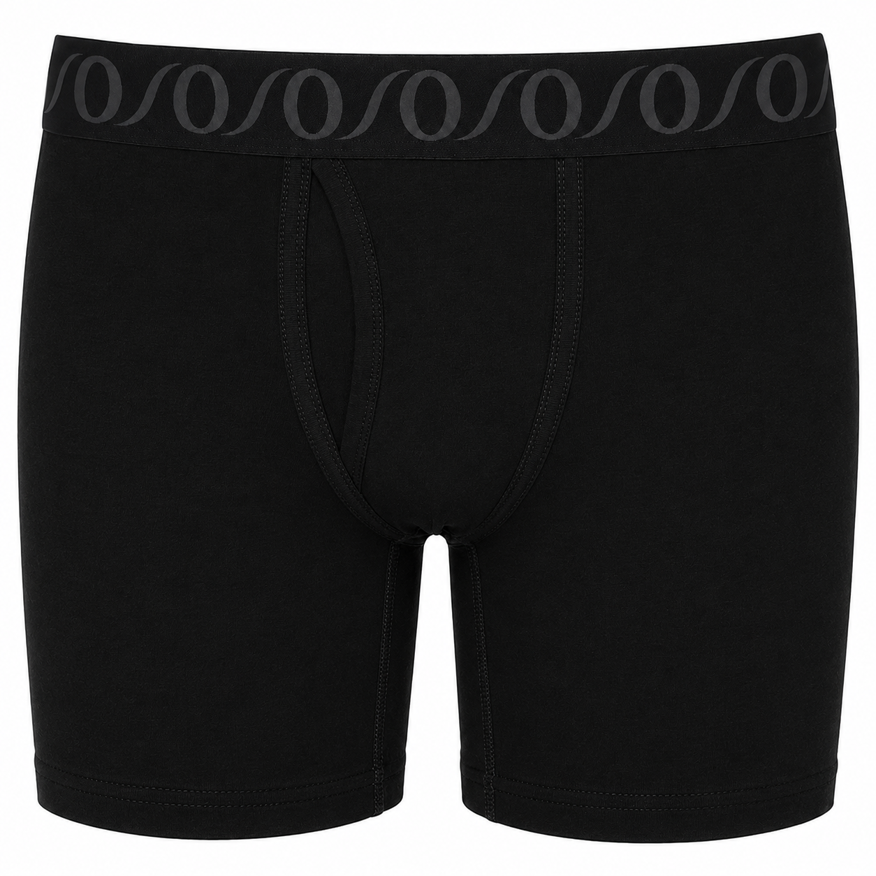 FTM 6" top loading black boxer briefs with a gray patterned elastic waistband, shown against a plain white background.