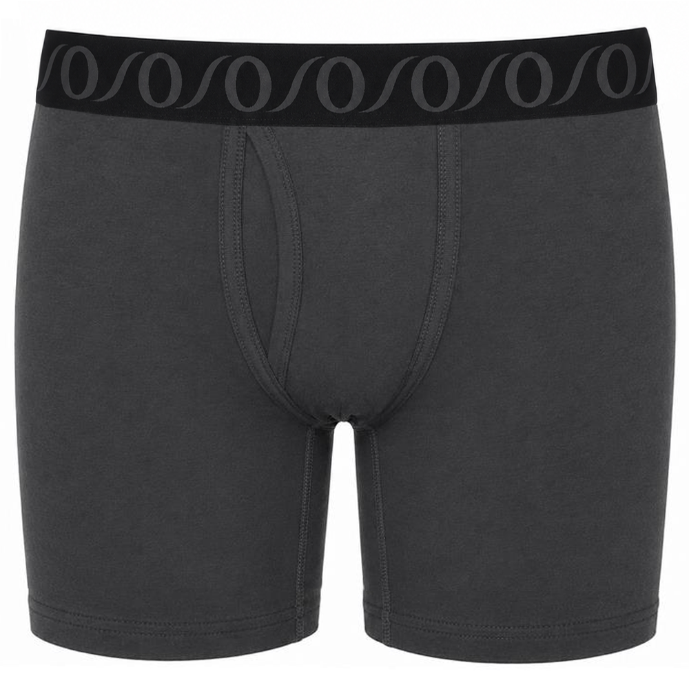 FTM top loading 6" dark gray boxer briefs with a black elastic waistband featuring a repeating gray logo pattern, shown against a plain white background.