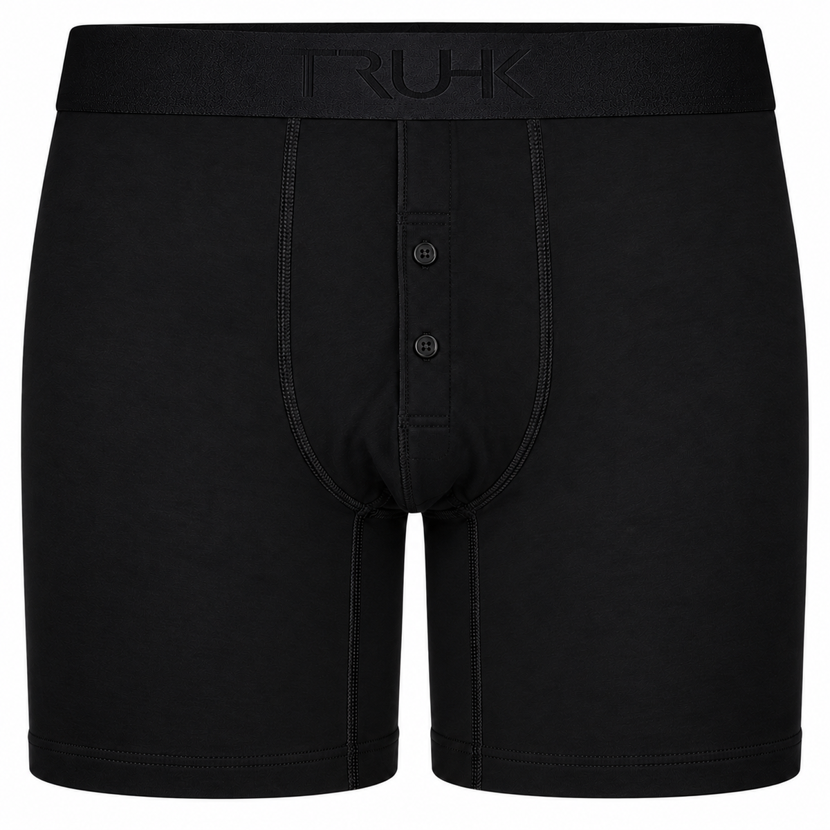 TRUHK Button Fly Boxer packing underwear in black, front view