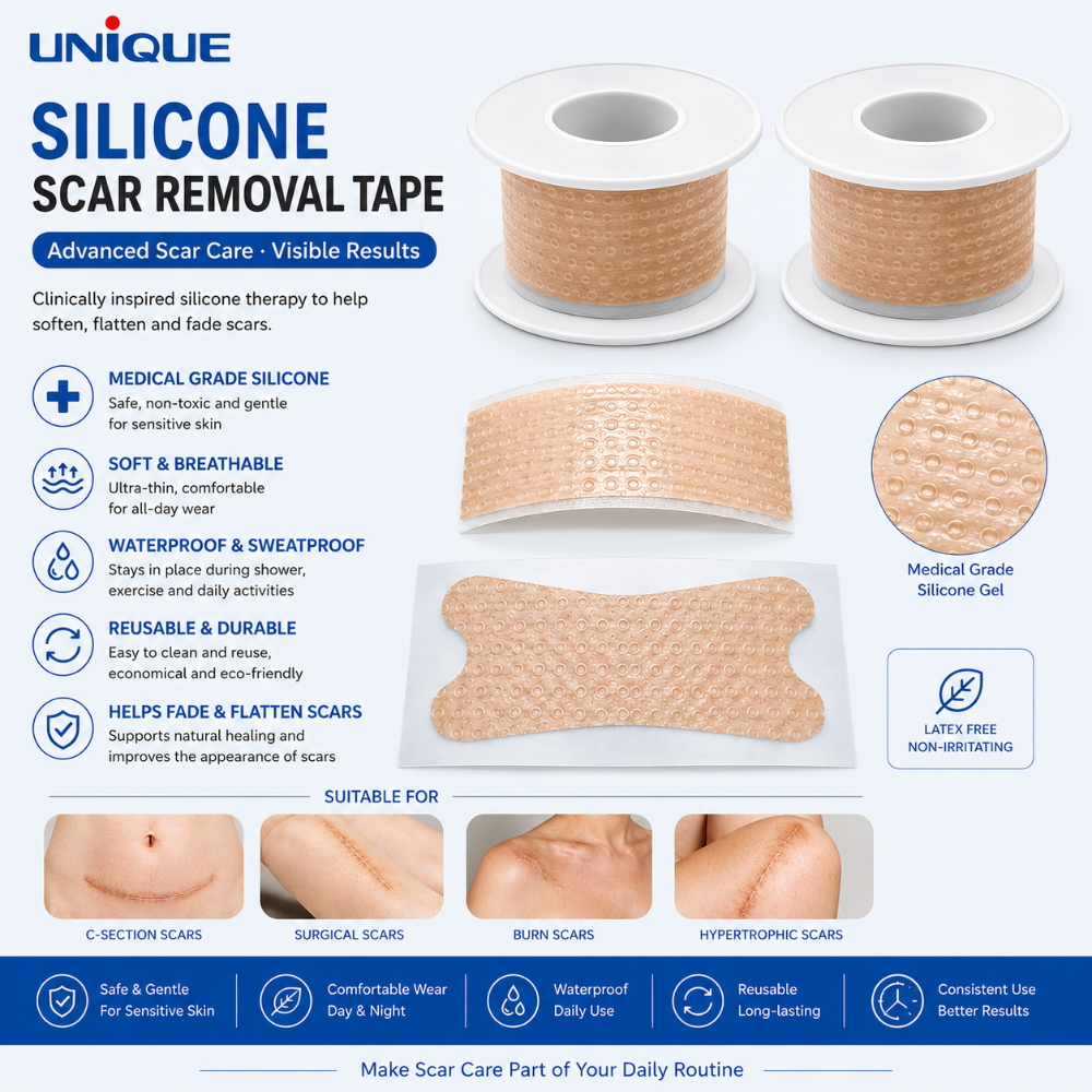 silicone scar tape by unique infographic on uses and features