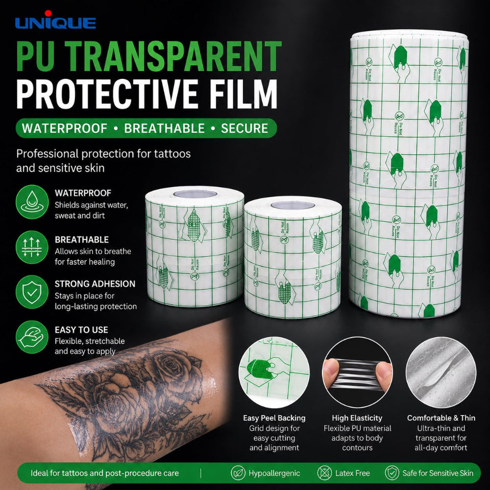 Unique brand transparent tattoo and wound care tape, a graphic of features and benfits