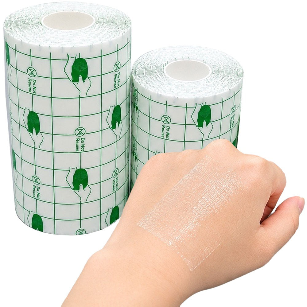 Unique brand transparent tattoo and wound care tape, both sizes shown with some tape applied to a hand for usage example