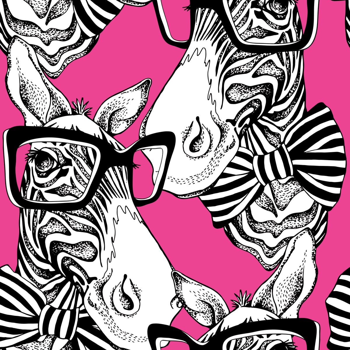 close up of zebra fabric print, black and white zebras with glasses and bowties on hot pink background